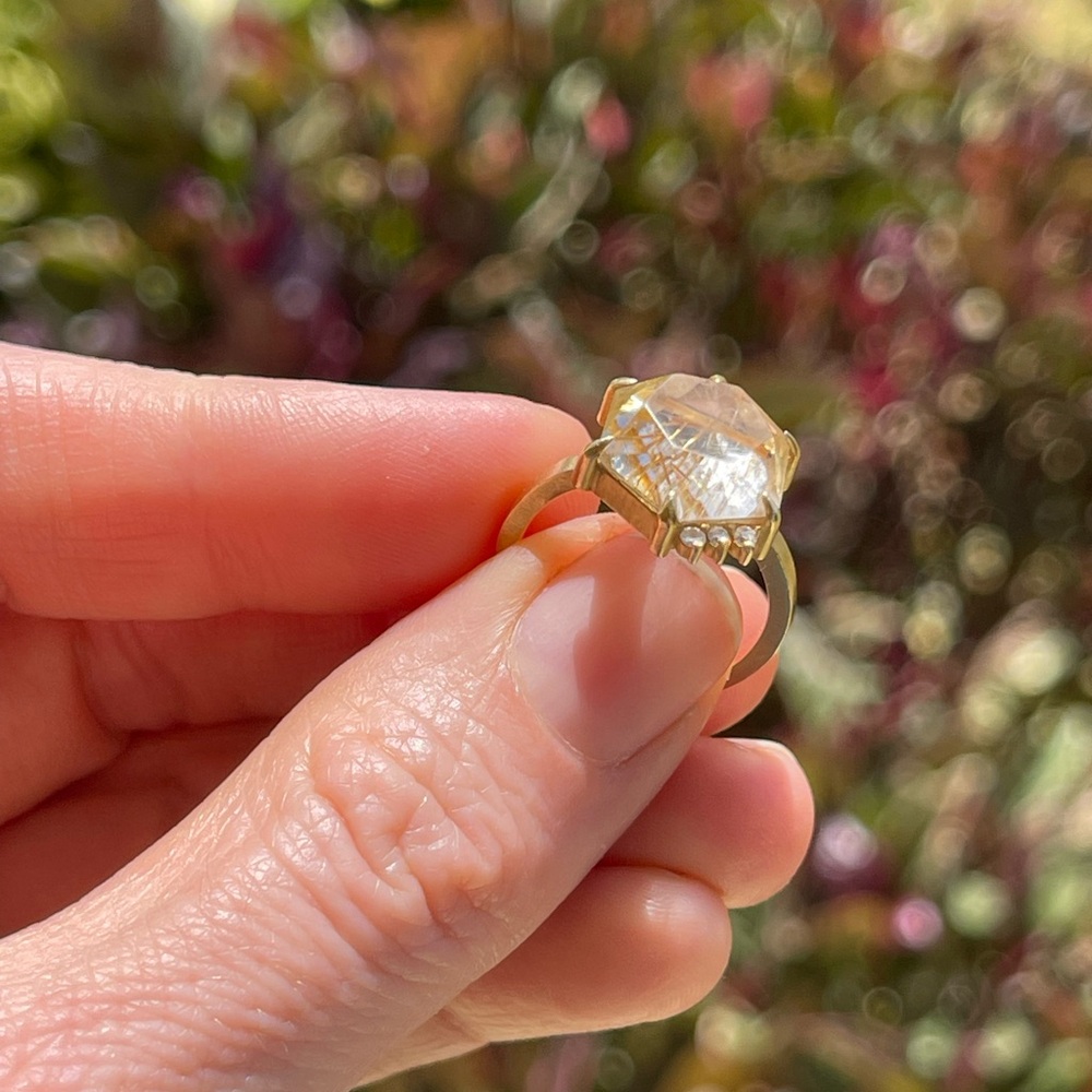10k Yellow Gold, One of a Kind, Rutilated Quartz ring with Diamonds